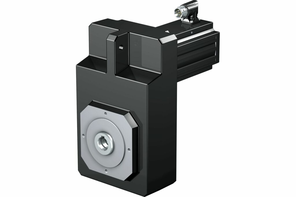 Offset helical gear unit with a large axial distance combined with a compact, encoderless motor.